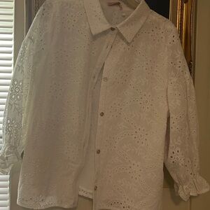 White Eyelet Cotton Button-Up  blouse with gold buttons
